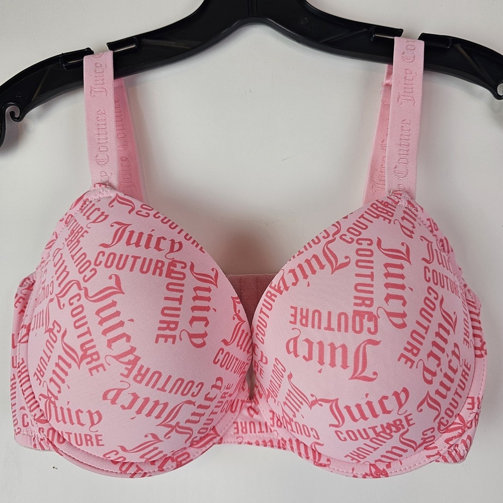 JUICY COUTURE Push Up Bra Size 36D Pink All Over Print 2801-134 Logo
